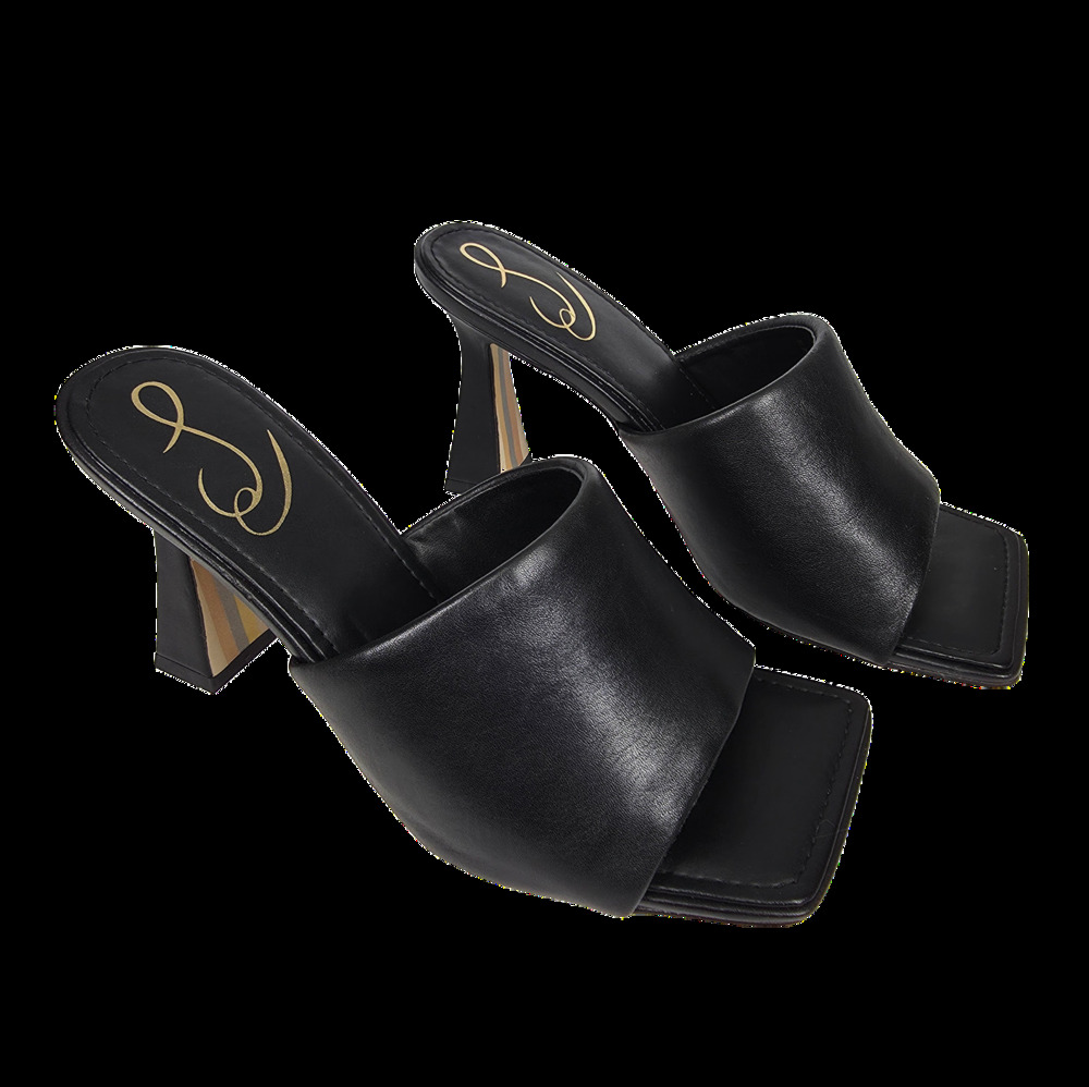SAM EDELMAN CARMEN HIGH‑HEEL LEATHER SQUARE OPEN TOE MULES – BLACK – WOMEN’S 7M